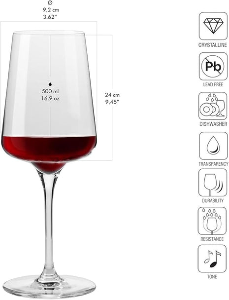 Krosno Red Wine Glasses | Elegant Design | Set of 6 | 16.9 oz | Infinity Collection | Ideal for Home, Restaurants and Receptions | Dishwasher Safe | Lead-Free Crystal Glass