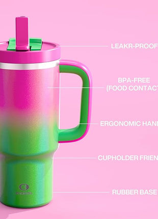 32 oz Tumbler with Handle and Straw: Stainless Steel Insulated Tumbler Keeps Cold for 24 Hours, Leakproof Travel Cup Fits in Cup Holder and BPA-Free, Fuchsia