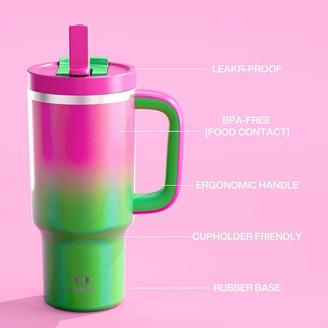 32 oz Tumbler with Handle and Straw: Stainless Steel Insulated Tumbler Keeps Cold for 24 Hours, Leakproof Travel Cup Fits in Cup Holder and BPA-Free, Fuchsia