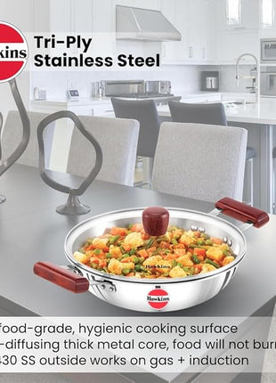 Hawkins 2.5 Litre Deep Fry Pan, Triply Stainless Steel Kadai with Glass Lid, Flat Bottom Induction Kadhai, Silver (SSD25G)