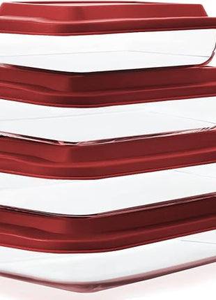 8-Piece Deep Glass Baking Dish Set with Plastic lids,Rectangular Glass Bakeware Set with Lids, Baking Pans for Lasagna, Leftovers, Cooking, Kitchen, Freezer-to-Oven and Dishwasher, Red