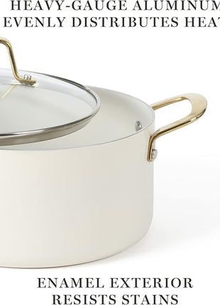 Martha Stewart Lockton Premium Non stick Non Toxic PFA Free Ceramic Interior 10 Piece Heavy Gauge Enamel Aluminum Pots and Pans Cookware Set - Linen White w/Gold Handle