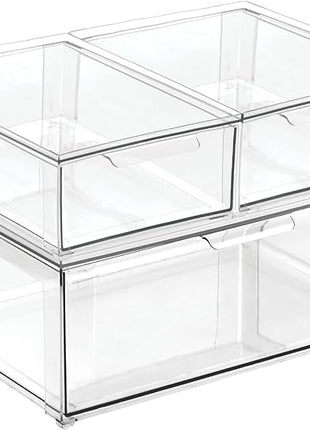 mDesign Plastic Stackable Closet Storage Organizer Bin Containers with Front Pull Drawer for Cabinet, Desk, Shelf, Cupboard, or Dresser Organization - Lumiere Collection - Set of 3 - Clear
