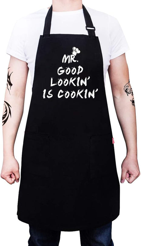 Kitchen Chef Apron - MR. GOOD LOOKIN' IS COOKIN' Funny Aprons for Men Dad - Adjustable Bib Apron with 2 Pockets and 40" Long Ties, Perfect for Cooking, Grilling, BBQ, Baking - Black