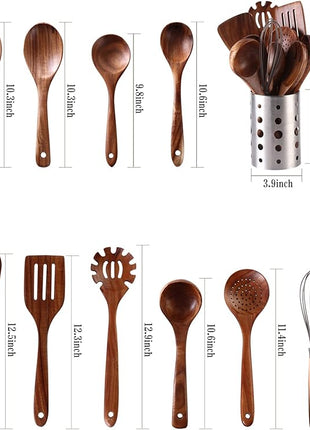Wooden Kitchen Utensils Set with Holder, NAYAHOSE 11 Pcs Teak Wooden Cooking Spoons and Spatulas with Stainless Steel Storage Barrel