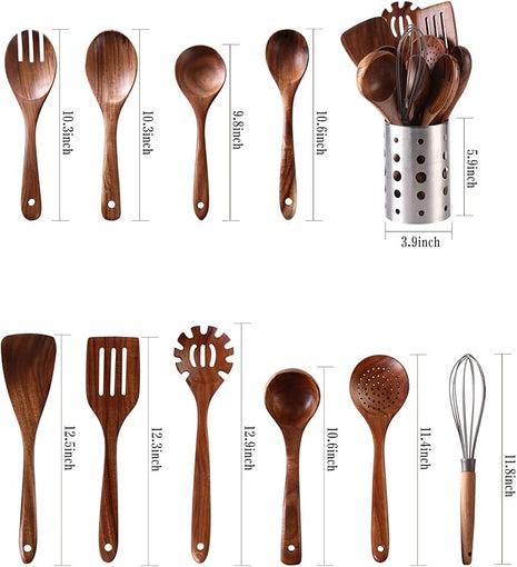 Wooden Kitchen Utensils Set with Holder, NAYAHOSE 11 Pcs Teak Wooden Cooking Spoons and Spatulas with Stainless Steel Storage Barrel