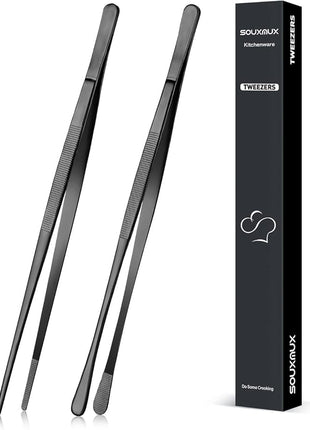 2 Pcs 10-inch Cooking Tweezers Tongs Precision Serrated Tips, Stainless Steel Professional Chef Tweezer Kitchen Tools for BBQ, Plating and Serving (Black)