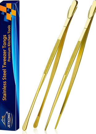 JETKONG 2 Pcs 14-Inch Cooking Tweezers Extra Long Stainless Steel Food Tweezers Kitchen Tweezer Tongs (Gold)