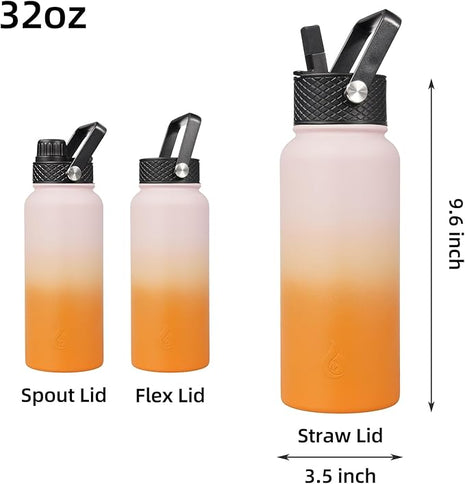 BJPKPK Insulated Water Bottles with Straw Lid, 32oz Metal Large Water Bottle with 3 Lids, Reusable Leak Proof BPA Free Thermo, Stainless Steel Tumblers for Sports, Gym, Travel-Coral