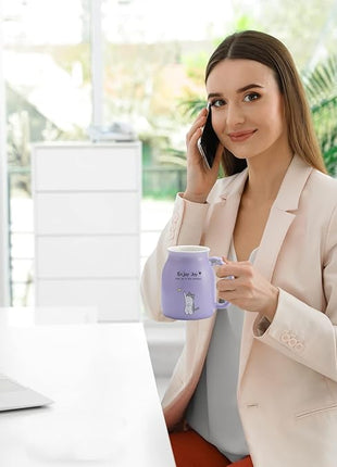 Cute Cat Cup Ceramic Coffee Mug with Kawaii Cat Wooden Lid, Lovely Stainless Steel Spoon, Anime Kitty Thicken Wooden Coaster, Christmas Birthday Cute Thing Japanese Mug 16oz (Purple)