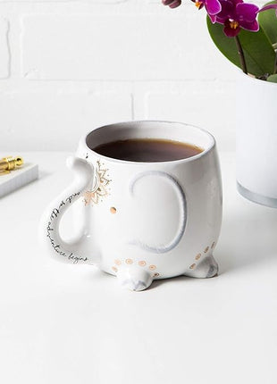 VOTUM Elephant Ceramic Coffee or Tea Mug - Animal Shaped Cup with Hand Printed Designs Saying “And So the Adventure Begins” - Cute Handmade Gift for Men or Women Elephant Lovers – 18.6 Fluid Ounce