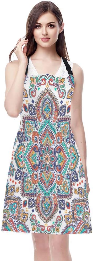 EKOBLA Bohemian Aprons Floral Paisley Medallion Pattern Retro Ethnic Mandala Ornament Waterproof Resistant Chef Cooking Kitchen BBQ Adjustable Aprons for Women Men 27x31 Inch