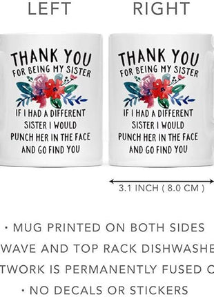 DQG CVT Funny Gifts - Thank You Sister Coffee Mug - Unique Family Mugs 11oz - Anniversary, Birthday, Christmas Novelty Present Idea Cup For Your Best Friend, Sibling