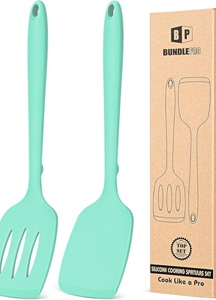 Pack of 2 Silicone Spatula Turners, Non Stick Slotted Kitchen Spatula Set, Heat Resistant BPA Free Kitchen Utensils, One-Piece Design, Suitable for Flipping Fish, Eggs, Steak, Pancakes (GREEN)