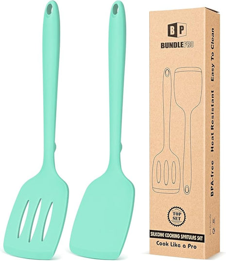 Pack of 2 Silicone Spatula Turners, Non Stick Slotted Kitchen Spatula Set, Heat Resistant BPA Free Kitchen Utensils, One-Piece Design, Suitable for Flipping Fish, Eggs, Steak, Pancakes (GREEN)
