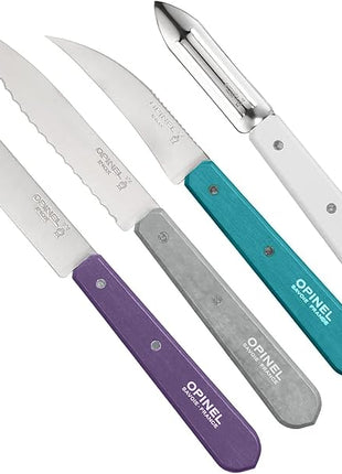 Opinel Les Essentials Small Kitchen 4 Piece Knife Set - Paring Knife, Serrated Knife, Peeler, Vegetable Knife, Corrosion Resistant High Carbon Steel, Made in France (Art Deco)