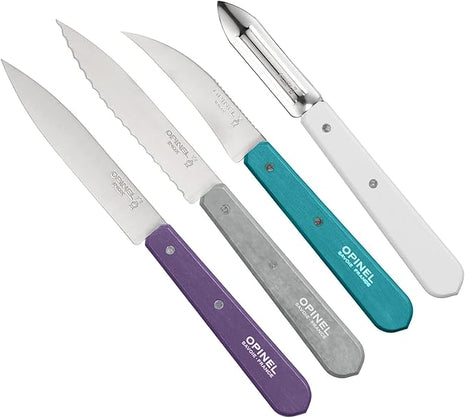 Opinel Les Essentials Small Kitchen 4 Piece Knife Set - Paring Knife, Serrated Knife, Peeler, Vegetable Knife, Corrosion Resistant High Carbon Steel, Made in France (Art Deco)