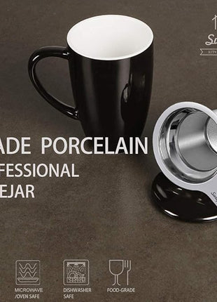 Sweejar Porcelain Tea Infuser Mug with Lid, 16 oz Teacup with Strainers for Loose Leaf Tea, Microwave and Dishwasher Safe Coffee Mug(Black)