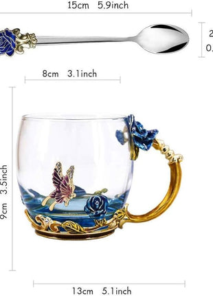 Handicraft Crystal Glass 3D Flower Cups Tea Mug With Tea Spoon Women Coffee, Tea, Juice, Beer, Milk Hot And Cold Drinks Use Gift Package. (Rose Blue Coffee Cup, 11 OZ)
