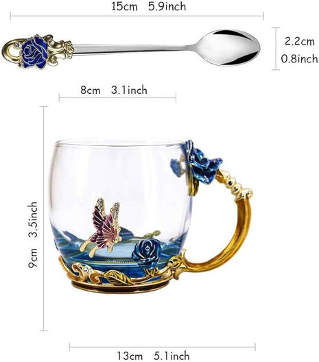 Handicraft Crystal Glass 3D Flower Cups Tea Mug With Tea Spoon Women Coffee, Tea, Juice, Beer, Milk Hot And Cold Drinks Use Gift Package. (Rose Blue Coffee Cup, 11 OZ)