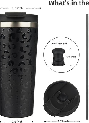 BJPKPK 22oz Insulated Tumbler With lid And Straw Stainless Steel Tumblers Travel Coffee Mug Reusable Thermal Cup,Black Leopard