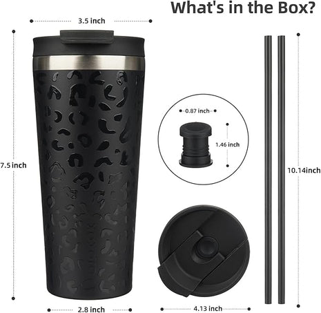 BJPKPK 22oz Insulated Tumbler With lid And Straw Stainless Steel Tumblers Travel Coffee Mug Reusable Thermal Cup,Black Leopard