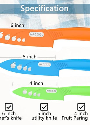 WACOOL Ceramic Knife Set 3-Piece (6-inch Chef's Knife, 5-inch Utility Knife,4-inch Fruit Paring Knife), with 3 Knife Sheaths for Each Blade (Colorful Handle)