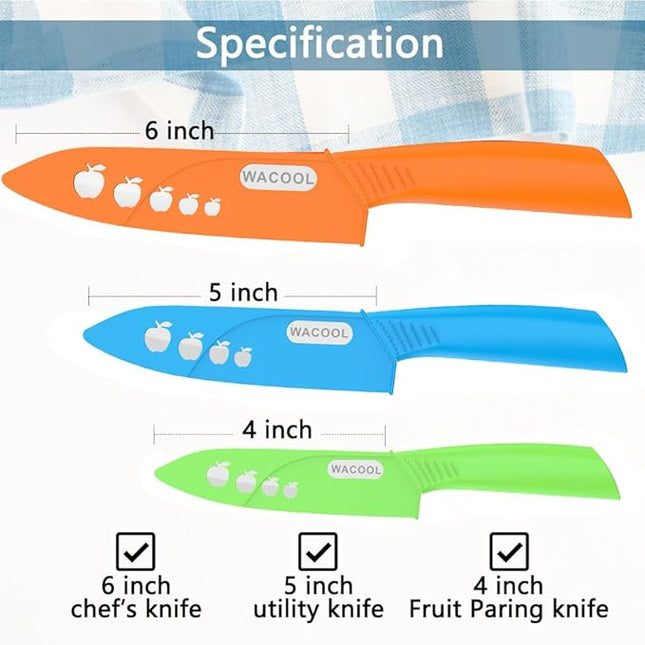 WACOOL Ceramic Knife Set 3-Piece (6-inch Chef's Knife, 5-inch Utility Knife,4-inch Fruit Paring Knife), with 3 Knife Sheaths for Each Blade (Colorful Handle)