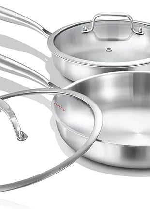 DELARLO Tri-ply Stainless Steel Frying Pan Set with Lid 8" 10" Induction large Skillets Chef's Pan,Pots and Pans Set Kitchen Cookware Set Suitable for All Stove