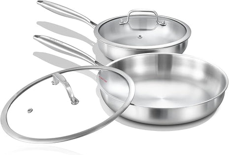 DELARLO Tri-ply Stainless Steel Frying Pan Set with Lid 8" 10" Induction large Skillets Chef's Pan,Pots and Pans Set Kitchen Cookware Set Suitable for All Stove