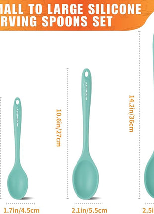 3 Pcs Silicone Spoons Set of 7.9 10.6 14.2 inch for Cooking, Heat Resistant Kitchen Spoons for Mixing, Stirring, and Serving, Small to Large Non Stick (Green)