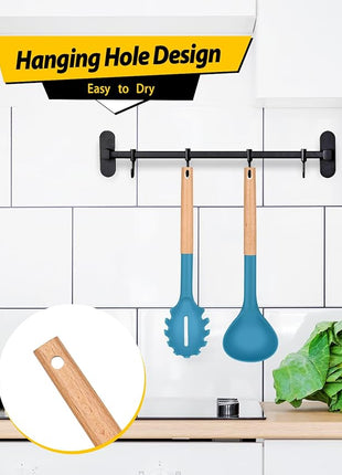 Silicone Pasta Fork and Ladle Spoon Set with Wooden Handle, Heat Resistant Non Stick Kitchen Utensils for Cooking, Stirring, Serving Spaghetti, Soup, Sauce(BLUE)