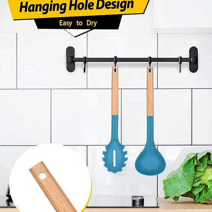 Silicone Pasta Fork and Ladle Spoon Set with Wooden Handle, Heat Resistant Non Stick Kitchen Utensils for Cooking, Stirring, Serving Spaghetti, Soup, Sauce(BLUE)