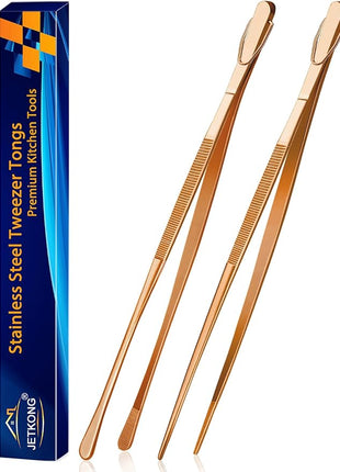 JETKONG 2 Pcs 14-Inch Kitchen Tweezers Extra Long Cooking Tweezer Tongs Stainless Steel Long Food Tweezers (Rose Gold)