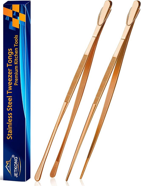 JETKONG 2 Pcs 14-Inch Kitchen Tweezers Extra Long Cooking Tweezer Tongs Stainless Steel Long Food Tweezers (Rose Gold)