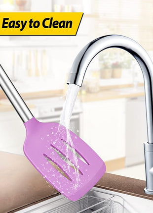 Pack of 4 Silicone Cooking Utensils Set, Non Stick Large Solid Spatulas, Heat Resistant Purple Slotted Spoons, Ideal BPA Free Kitchen Turners for Frying, Mixing,Serving,Draining,Turning,Stirring