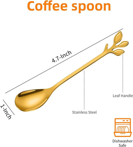 AnSaw Elegant Gold Leaf Coffee Spoons - 10-Piece, 4.7" Mini Stainless Steel Espresso & Dessert Tea Spoons, Perfect for Demitasse & Small Servings