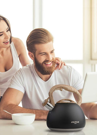 POLIVIAR Tea Kettle, Black Ti Stovetop Tea Kettle 2.7 Quart , Audible Whistling Teapot, Food Grade Stainless Steel for Anti-Rust and Anti Hot Handle, Suitable for All Heat Sources (JX2018-WB20)