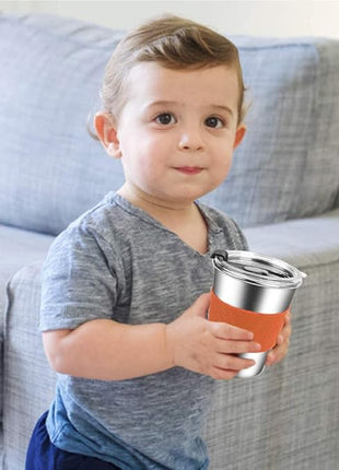 ShineMe Kids Stainless Steel Cups,12oz Kids Metal Drinking Glasses with Lids and Sleeves, 5pack Reusable Water Tumbler for Children and Adults Spill Proof, Apply to Indoor and Outdoor