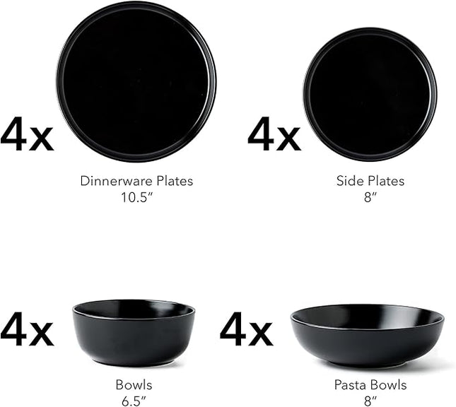 SKUGGA Round Stoneware 16pc Double Bowl Dinnerware Set for 4, Dinner Plates, Side Plates, Cereal Bowls, Pasta Bowls - Matte Black (467586)