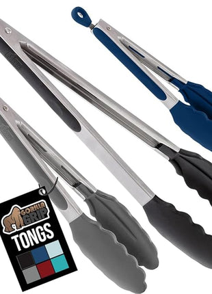 GORILLA GRIP Stainless Steel Heat Resistant Kitchen Tongs for Cooking, 7 + 9 + 12 Inch Set of 3 BBQ Tong, Non Scratch Silicone Tip for Pans, Strong Grip, Grab Food, Salad, Pull Lock, Black Gray Blue