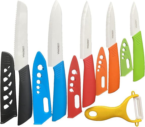 Ceramic Knife Set Knives Set for Kitchen Ceramic Kitchen Knives Colored w Sheath 6" Bread Knife 6" Chef Knife 5" Utility Knife 4" Fruit Knife 3" Paring Knife 1 Peeler Colorful Rust Free Proof