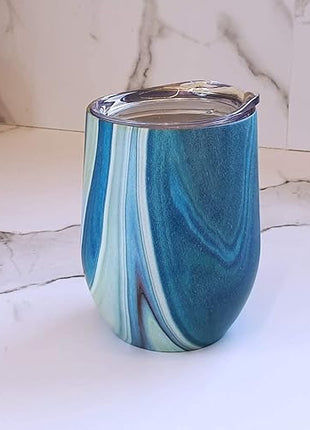 CHILLOUT LIFE 12 oz Stainless Steel Wine Tumblers 2 Pack - Double Wall Vacuum Insulated Wine Glasses Cups with Lids and Straws Set Keeping Cold & Hot for Coffee, Beer, Ice Cream - Ocean Marble Pattern