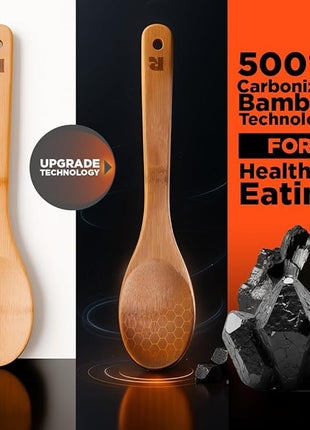 Riveira Dark Bamboo Wooden Spoons for Cooking 6-Piece, Apartment Essentials Wood Spatula Spoon Nonstick Kitchen Utensil Set Premium Quality Housewarming Gifts for Everyday Use