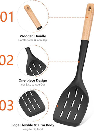 Pack of 2 Silicone Spatula, Non Stick Cooking Utensil Set Wooden Handle Kitchen Turner for Baking Mixing Grilling Serving Food Heat Resistant Non Scratch Hooks Included (Black)