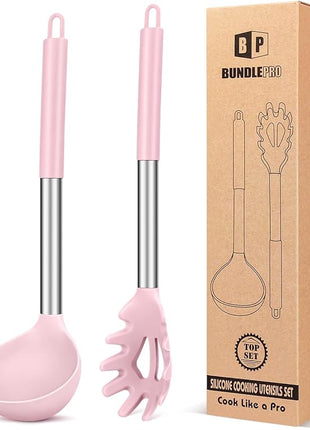 Silicone Pasta Fork and Ladle Spoon Set, Large Non Stick Kitchen Utensils for Cooking,Stirring,Serving Spaghetti, Soup, Sauce (PINK)