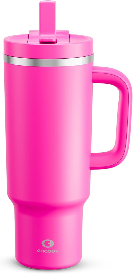 ENCOOL 40 oz Tumbler with Handle and Straw: Stainless Steel Insulated Tumbler Keeps Cold for 24 Hours, Leakproof Travel Cup Fits in Cup Holder and BPA-Free,Persian Rose