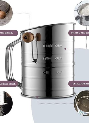 Bellemain 3 Cup Flour Sifter for Baking Fine Mesh Rotary Hand Crank with Loop Agitator for Quick Sifting, Flour Sifter Stainlees Steel