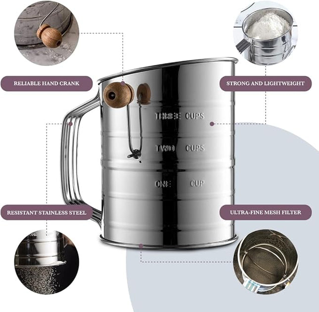 Bellemain 3 Cup Flour Sifter for Baking Fine Mesh Rotary Hand Crank with Loop Agitator for Quick Sifting, Flour Sifter Stainlees Steel