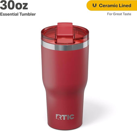 RTIC 30oz Essential Tumbler with Lid, Ceramic Lined, Insulated, Stainless Steel, Metal, Double Wall Vacuum-Insulation, Travel Cup for Iced Coffee, Tea, Hot and Cold Drink, Flag Red
